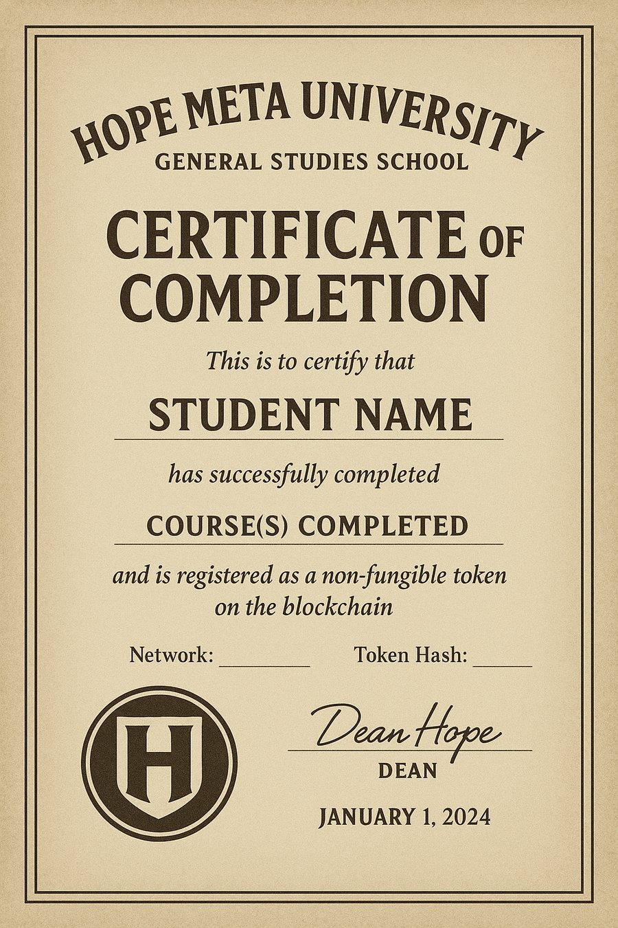 Sample Hope Meta University Certificate of Completion showing space for student name, courses completed, blockchain network and token hash, and the signature of Dean Hope